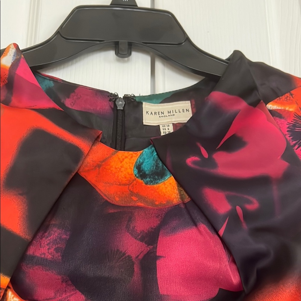 Karen Millen Red and Pink Ruched Sheath Cap Sleeves Crew NeckMidi Cocktail Dress